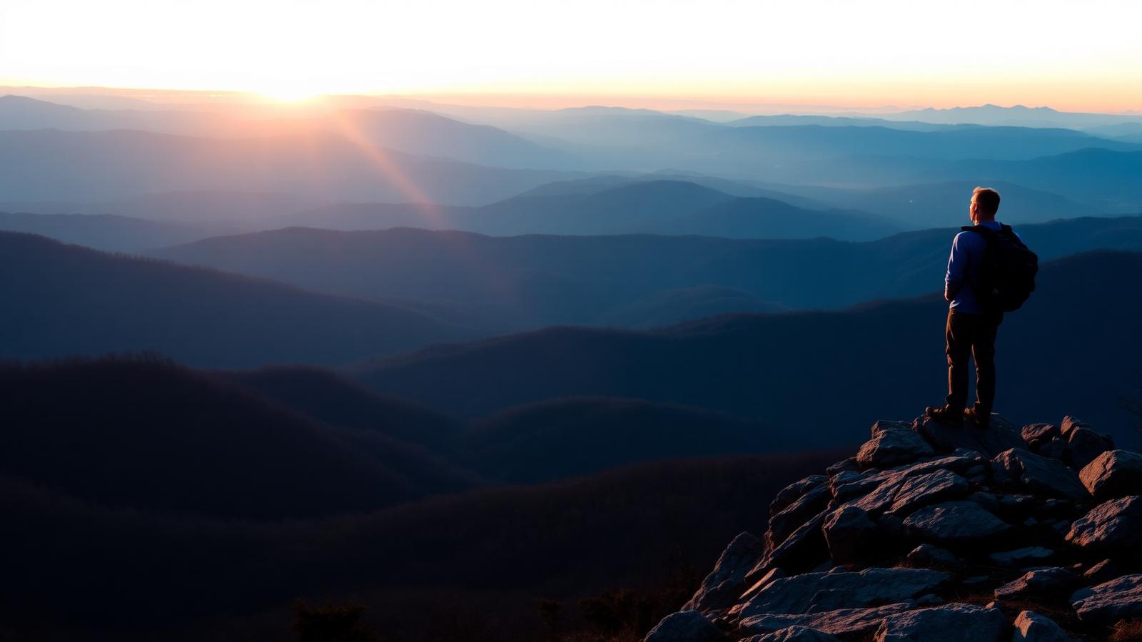 Old Rag Mountain — Hiker standing on a rocky Appalachian Trail overlook above layered Blue Ridge mountains at sunrise