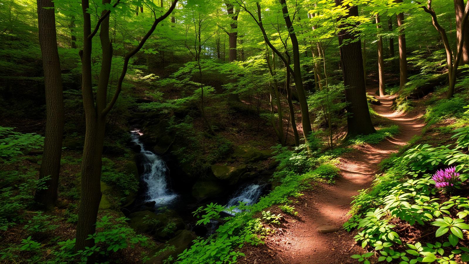 Cape Henry Trail — Dirt hiking trail through green Virginia forest beside a small waterfall