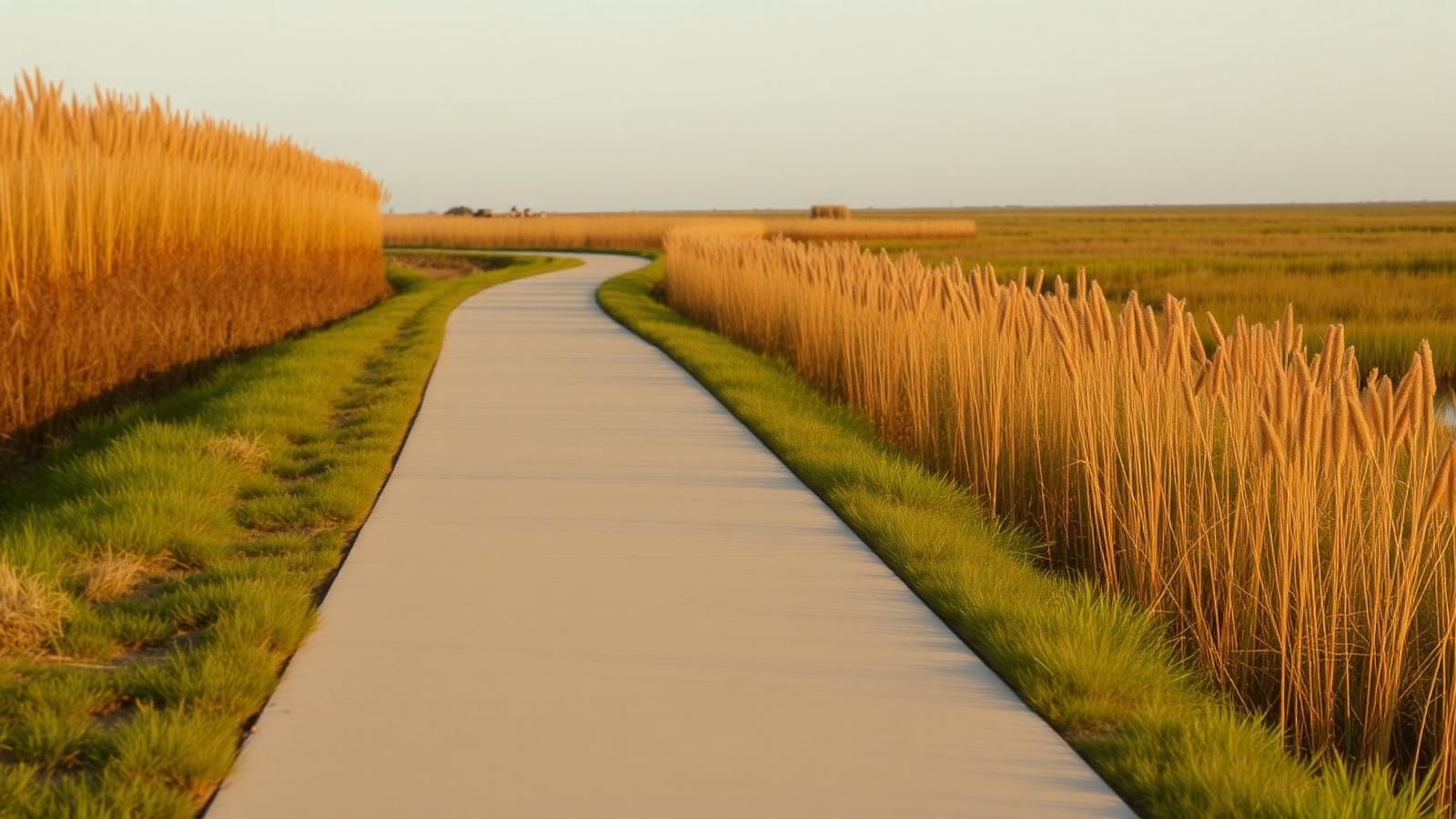 Virginia Beach Boardwalk — Paved coastal greenway path running between marsh grasses in golden evening light